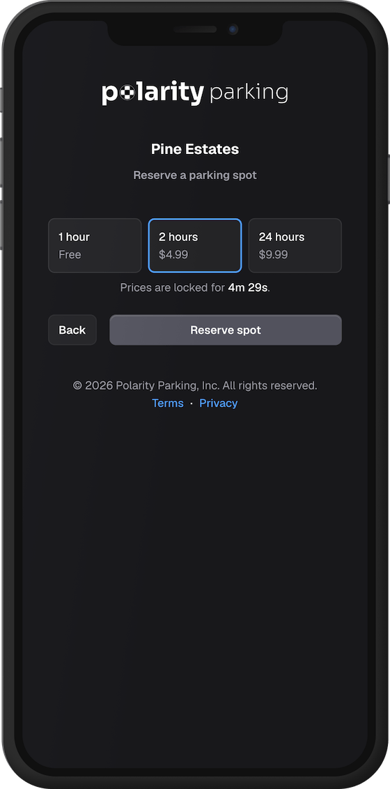 Polarity guest parking reservation and pricing on mobile web